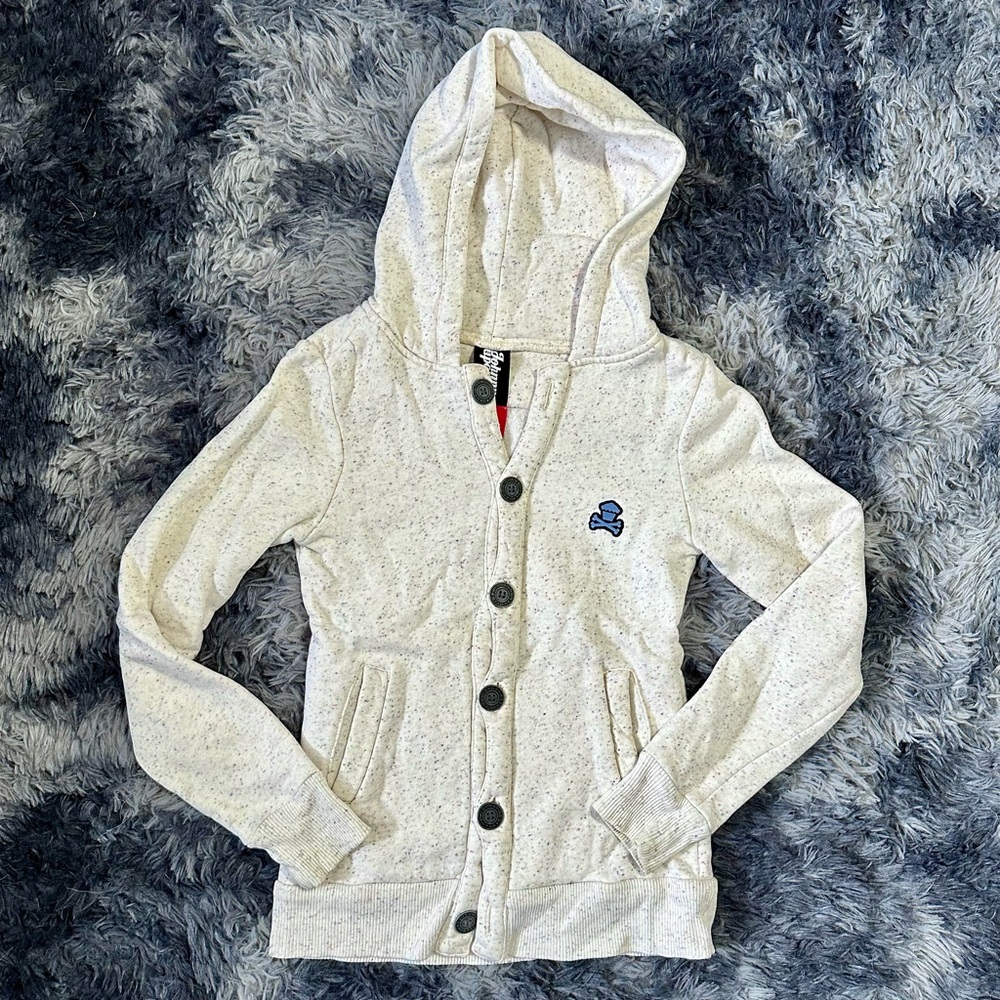 Johnny Cupcakes Cream Speckled Button-Front Hoodie with Blue Logo - Picture 4 of 11